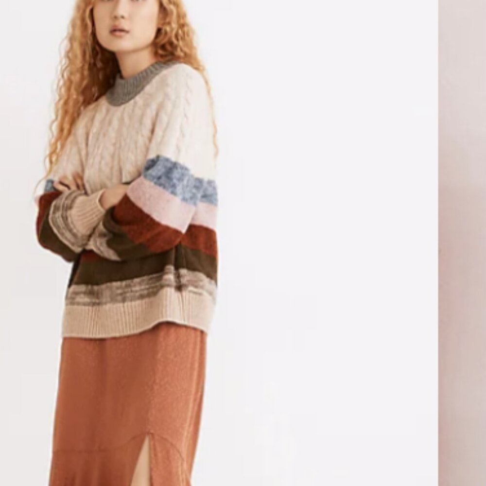Madewell Deacon Cableknit Mockneck Wool Blend Sweater Stripe Heather Chalk  S